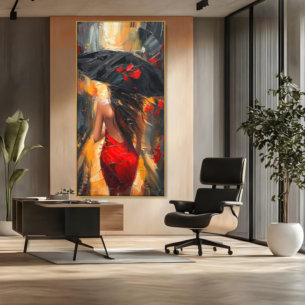 Tablou canvas cu pictura cu femeie si umbrela rosie, in rama de aluminiu auriu, pe perete intr-un birou